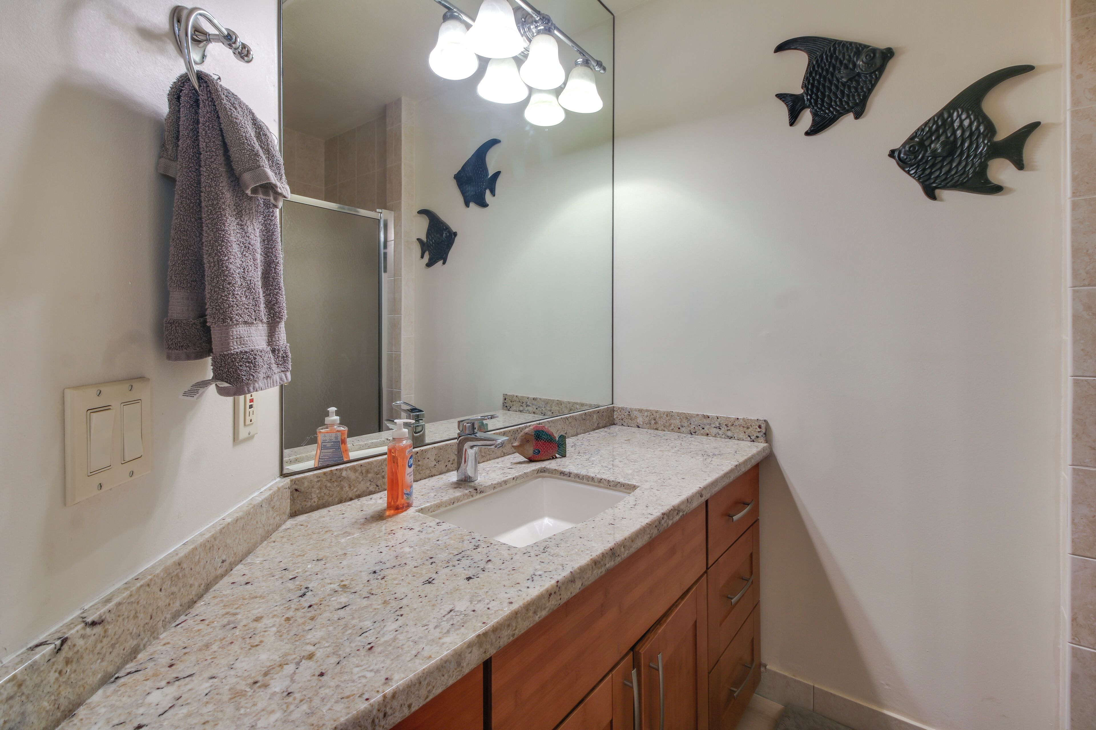A bathroom with a granite countertop, a sink, a mirror, and decorative fish wall art.