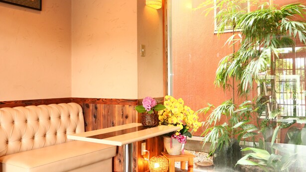 Un área de recepción con un banco acolchado, una mesita con un florero y una planta grande en maceta.