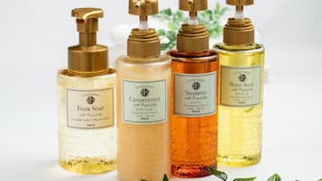 Combined shower/tub, free toiletries, hair dryer, slippers