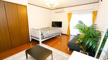 1 bedroom, desk, blackout drapes, iron/ironing board