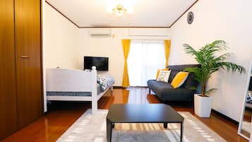 1 bedroom, desk, blackout drapes, iron/ironing board