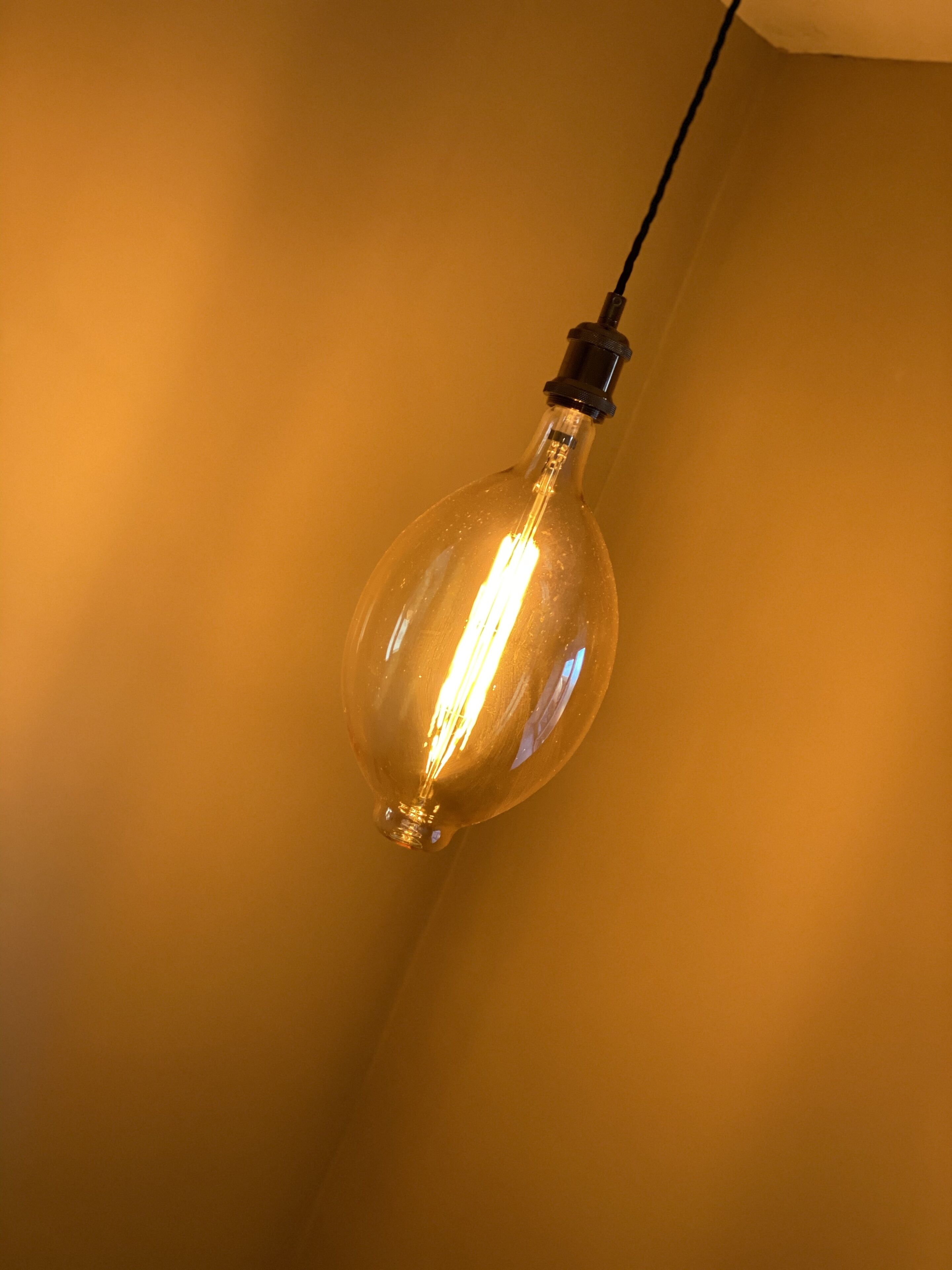A single light bulb hanging from a ceiling.
