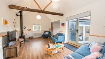 TV connectée, cheminée, lecteur de DVD, table de tennis de table