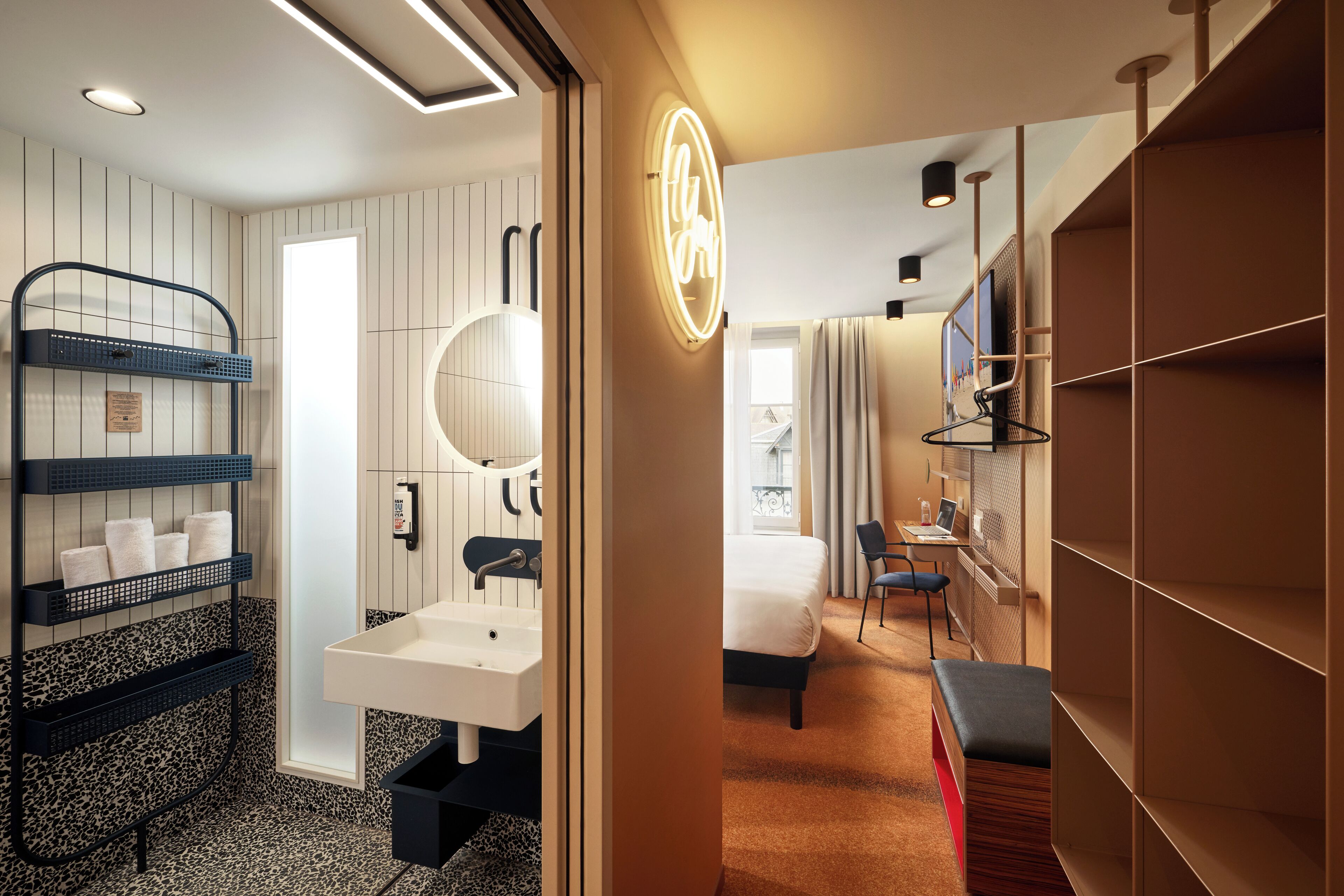 1 bedroom, premium bedding, laptop workspace, blackout curtains