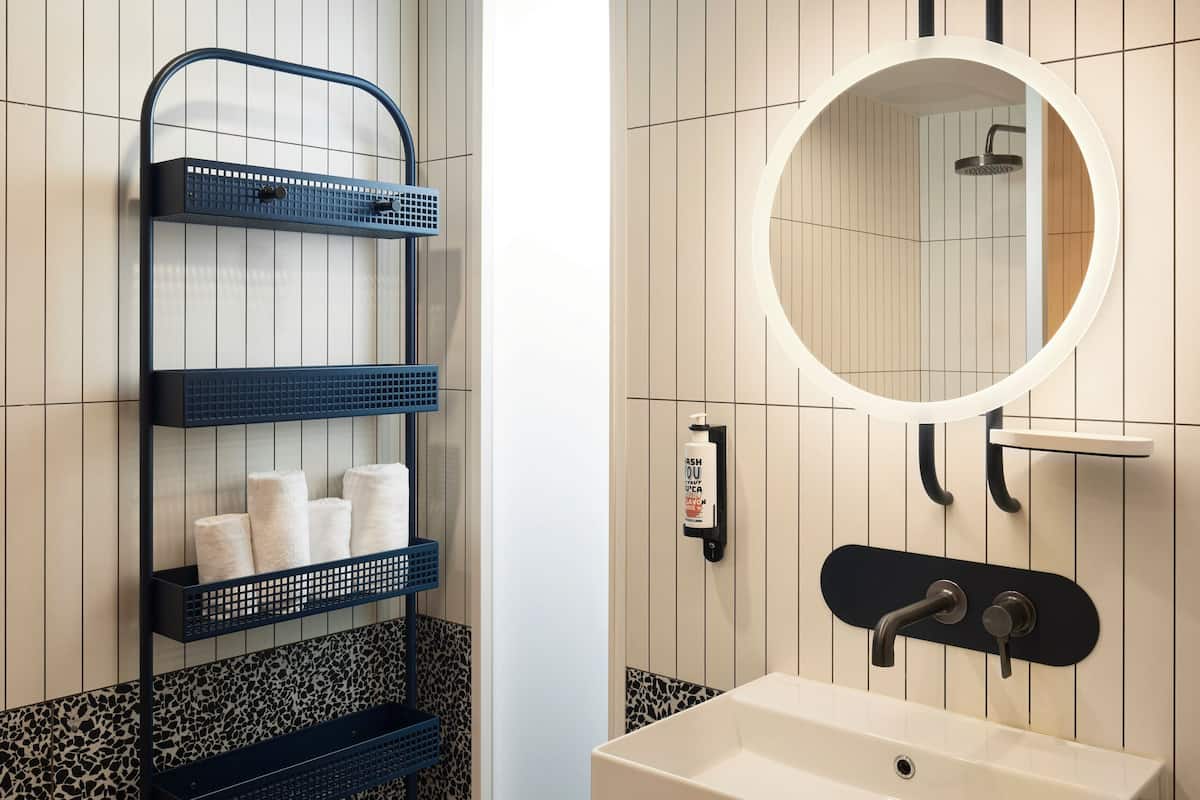 hair dryer, towels, soap, shampoo