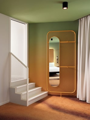1 bedroom, premium bedding, laptop workspace, blackout curtains