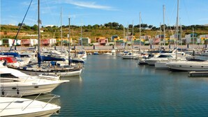 Un puerto deportivo con varias embarcaciones amarradas, rodeado de edificios coloridos.