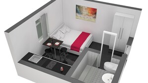 A modern hotel room with a bed, a small dining area, a bathroom, and a kitchenette. - LU Station II - Hitrental Apartment (Lucerne)