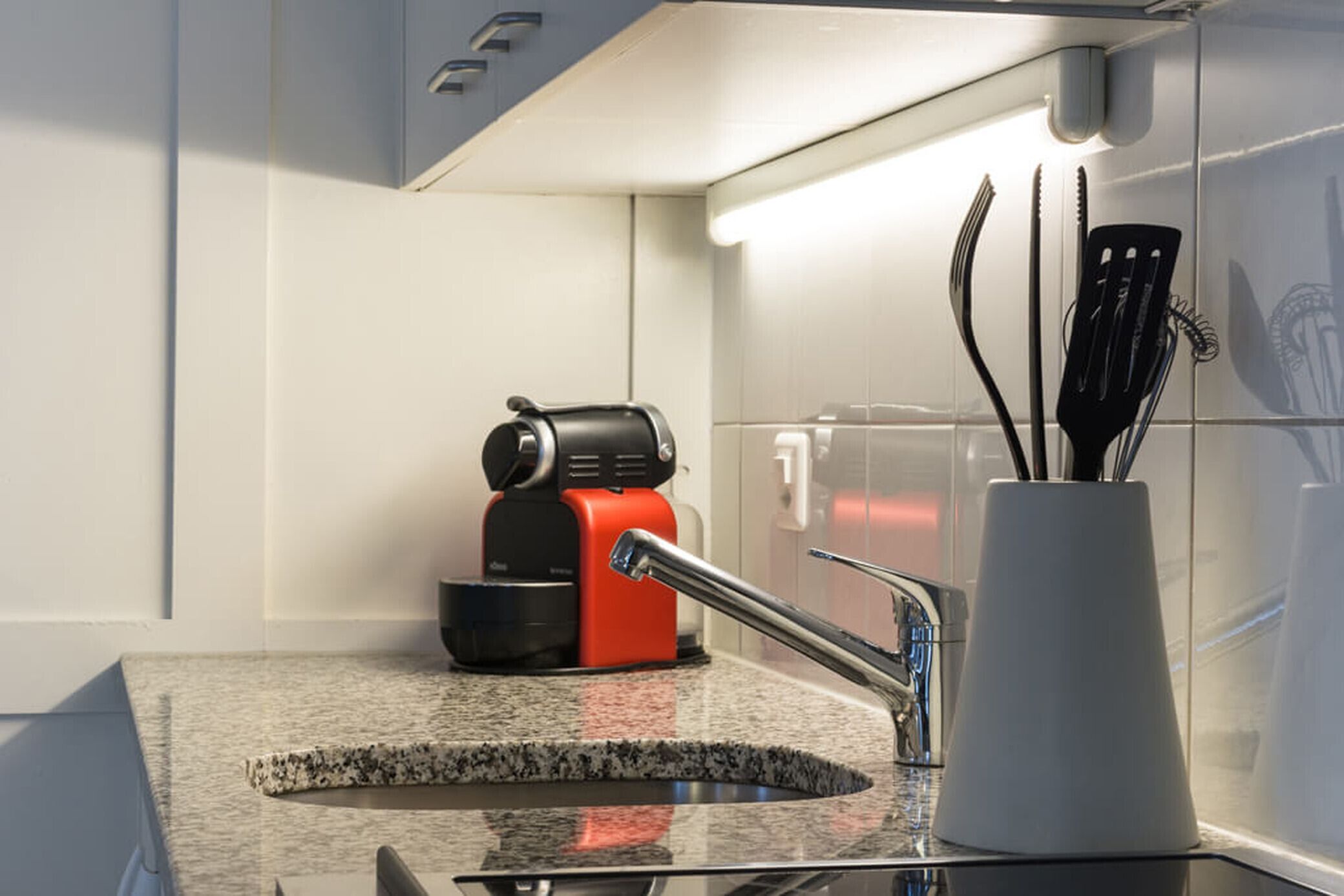 Microwave, coffee/tea maker, high chair, cookware/dishes/utensils