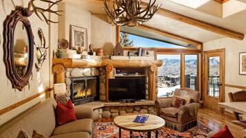 Una televisión, una chimenea, libros