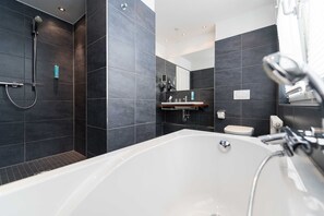 Shower, hair dryer, towels