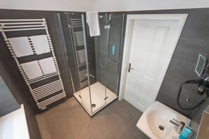 Hair dryer, towels, soap