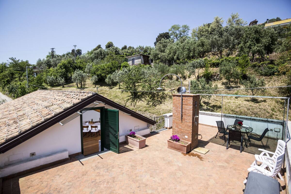 A rooftop patio with a dining area, a small building with a green door, and a view of a hillside with trees and a house.
