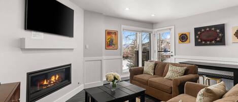 TV, fireplace, books, offices