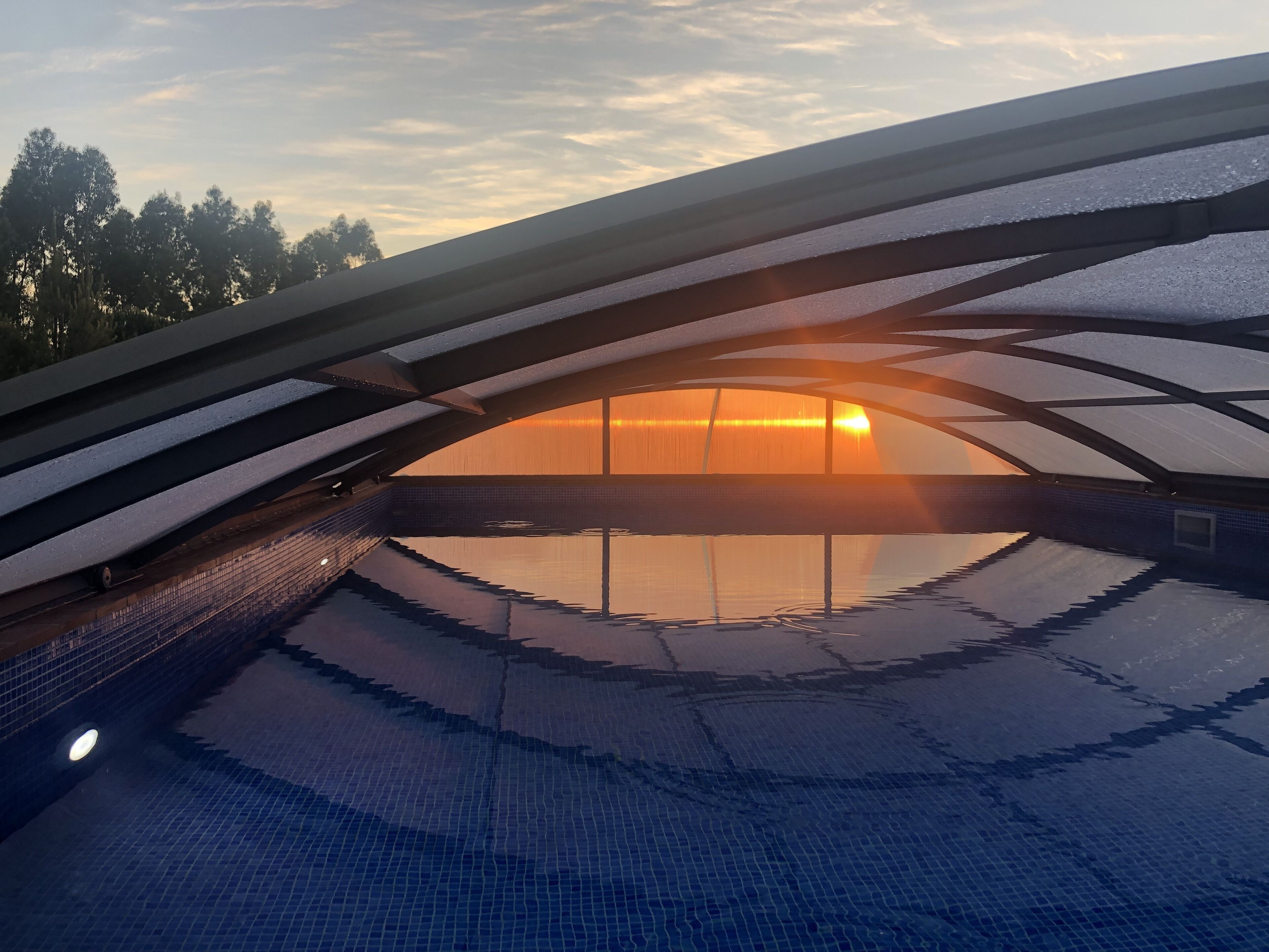 Alberca al aire libre, sombrillas en la alberca y camastros 