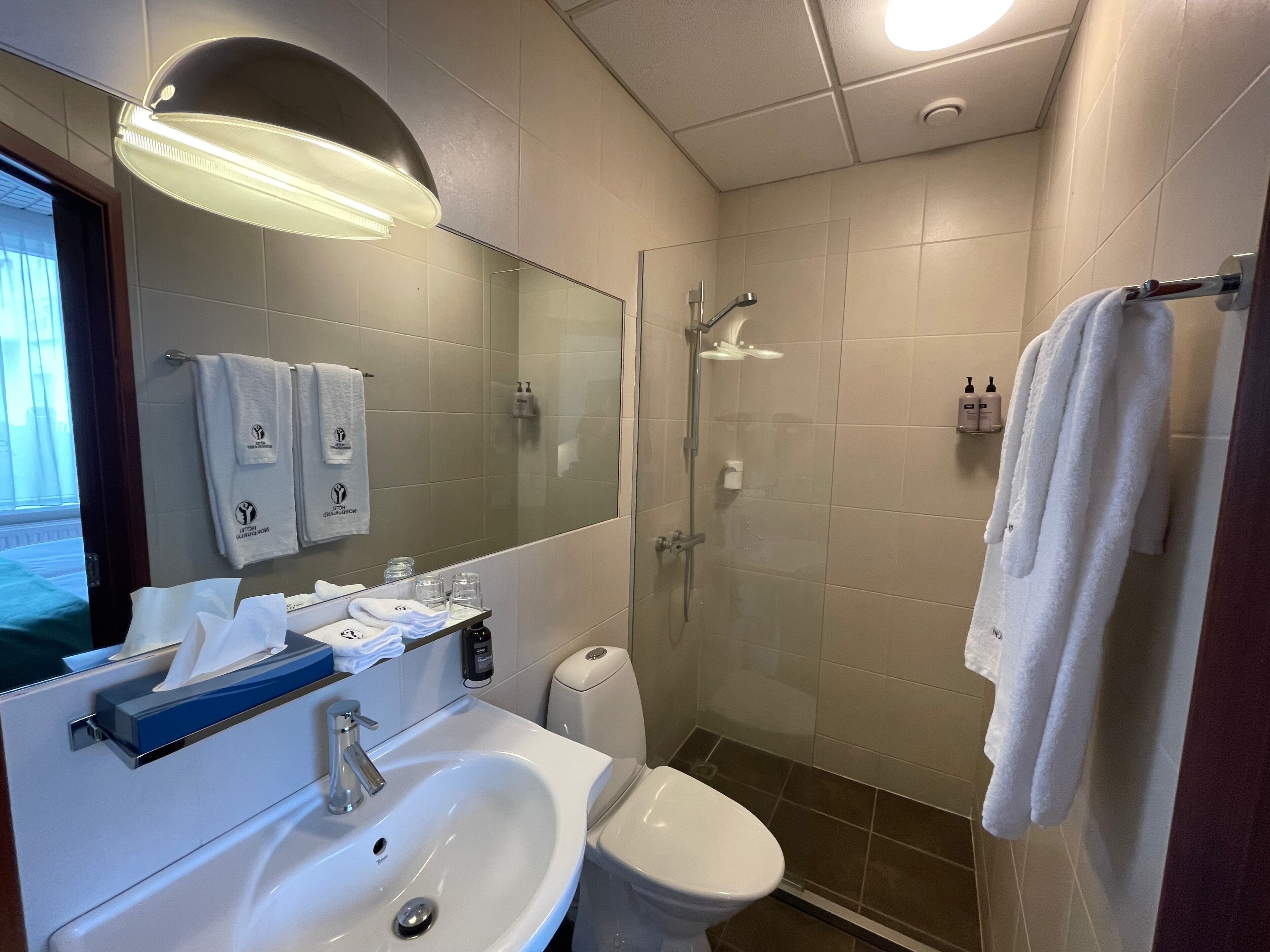 shower, free toiletries, hair dryer, towels