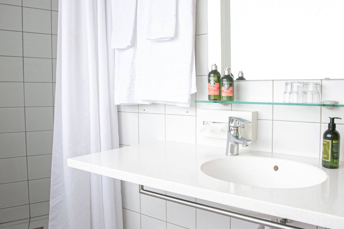 shower, free toiletries, hair dryer, towels