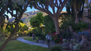 Ein Garten mit einem Pfad, verschiedenen Pflanzen und Blick auf ferne Berge.
