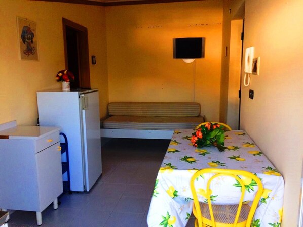 A compact room with a bed, a small desk, a refrigerator, and a television mounted on the wall.