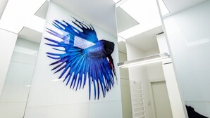 Een modern interieur met een groot, abstract blauw kunstwerk aan de muur.