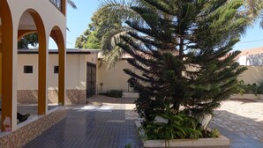 Un patio con piso de baldosas, una planta grande en maceta y un edificio con arcos y entrada al estilo mosaico.