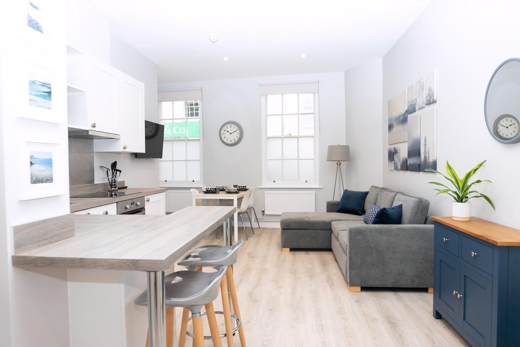 Luxury Apartment | Desk, laptop workspace, blackout curtains, iron/ironing board