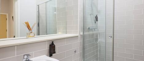 A modern bathroom with a glass shower enclosure, a white sink, and a mirror above the sink.