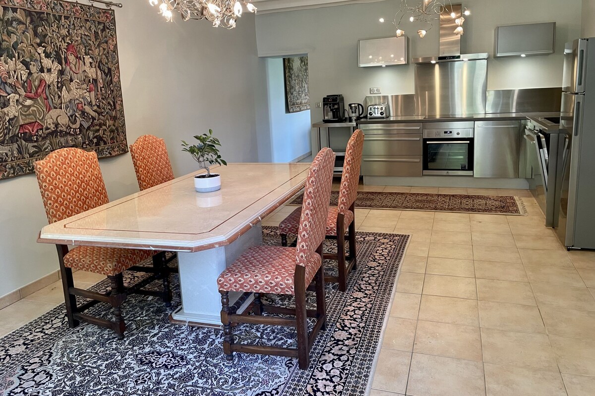 A dining area with a marble table, patterned chairs, a potted plant, a chandelier, and a kitchen with stainless steel appliances.