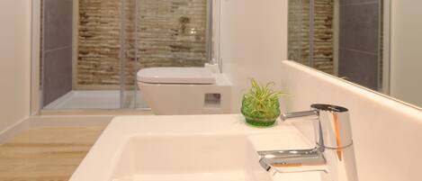 Design Double Room | Bathroom | Shower, hair dryer, towels, soap