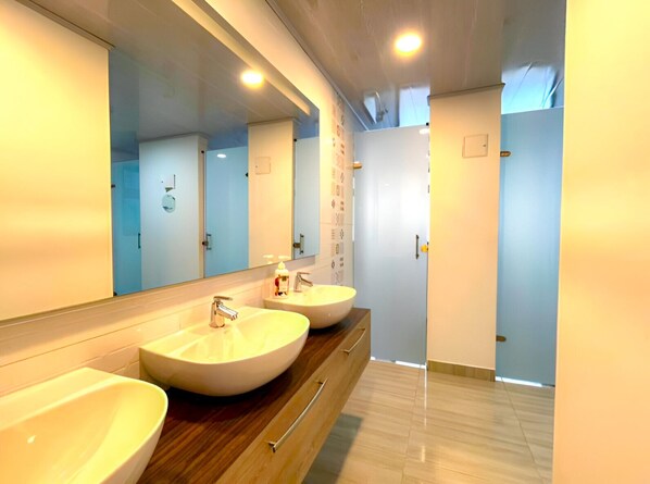 Une salle de bain moderne avec deux vasques, un grand miroir et un meuble-lavabo en bois.