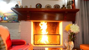 A cozy living room with a fireplace, a sofa, and a table with a vase of flowers. - Pousada Vida e Natureza (Gramado)