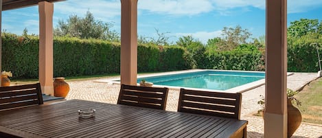 Seasonal outdoor pool, open 7:30 AM to 10:00 PM, pool loungers