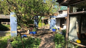 A wooden deck with potted plants, a rustic building with a green roof, and a garden area with various plants and a small statue. - Unique Fairytale Farmhouse Near Galway (Corrandulla)