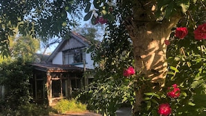 A rustic house with a sloped roof, surrounded by lush greenery and blooming pink flowers. - Unique Fairytale Farmhouse Near Galway (Corrandulla)