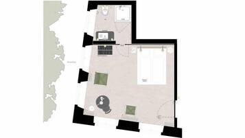 Plano de una habitación de hotel que incluye baño, kitchenette pequeño, zona de estar y ventana.