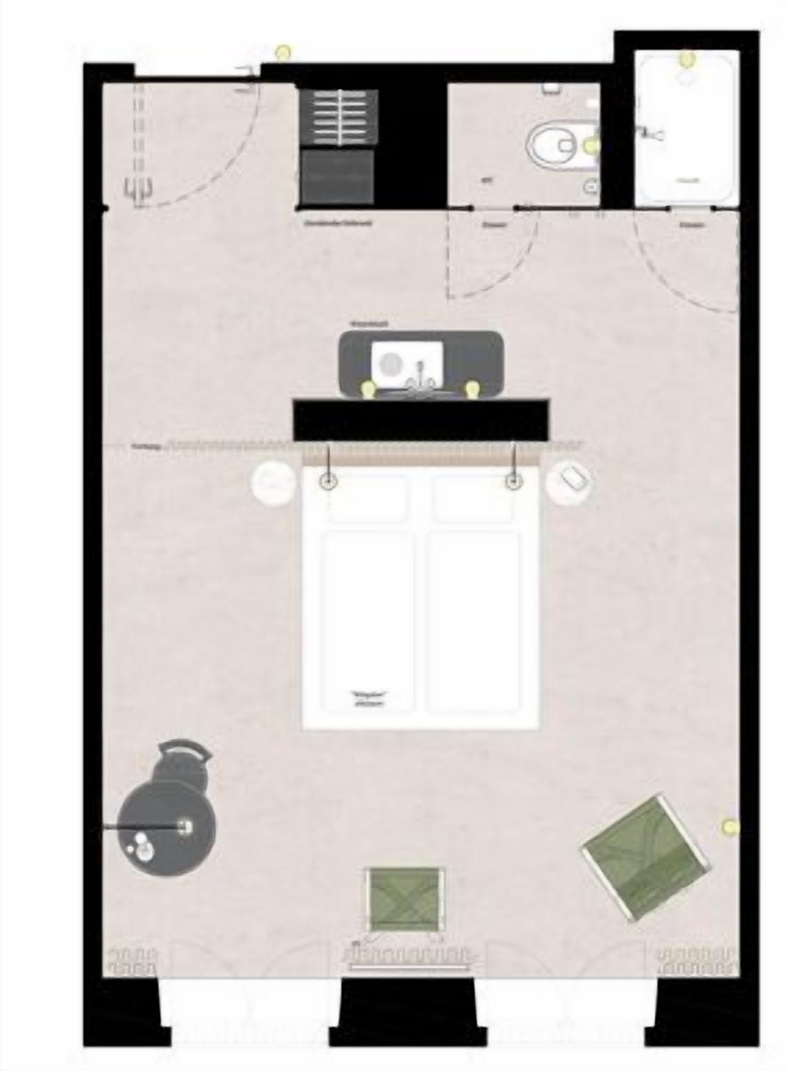 A hotel room layout with a bed, a desk, a chair, a small table, a wardrobe, a mirror, and a window.