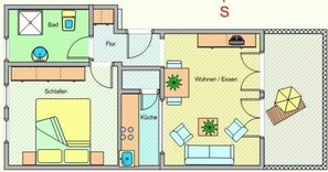 A floor plan with a living area, kitchen, bathroom, and two bedrooms.