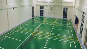 Un terrain de sport intérieur doté d’un revêtement de sol vert, de lignes blanches et d’un panier de basket.