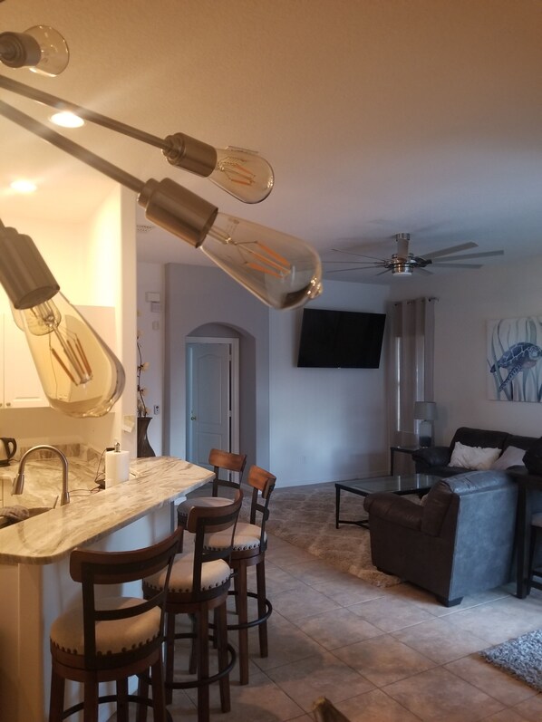 Smart TV, table football, ping pong, music library