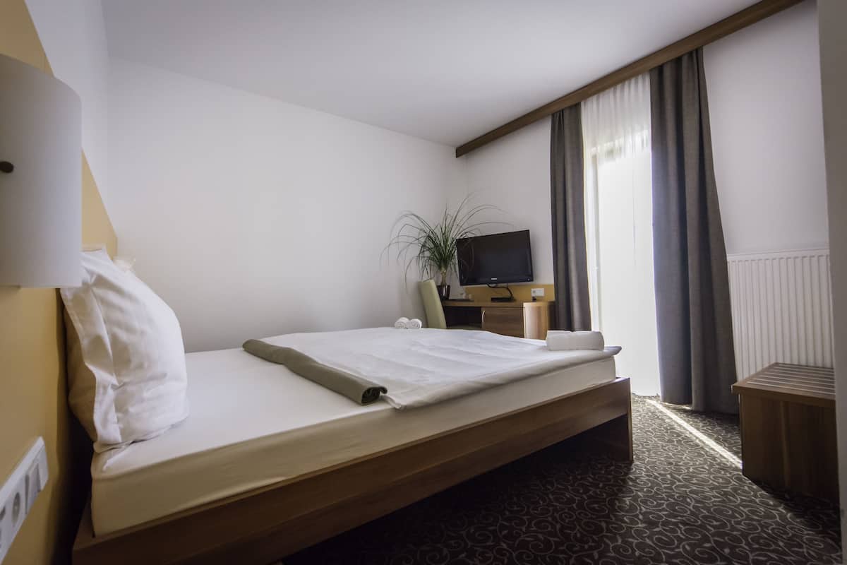 Habitación de hotel con una cama individual, un escritorio con computadora, televisión y planta en maceta.