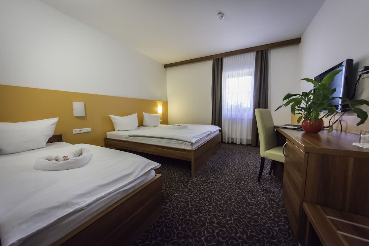 Habitación de hotel con dos camas, un escritorio, una silla, un televisor y una planta en maceta.