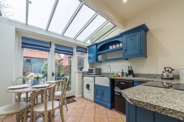 Fridge, microwave, oven, high chair