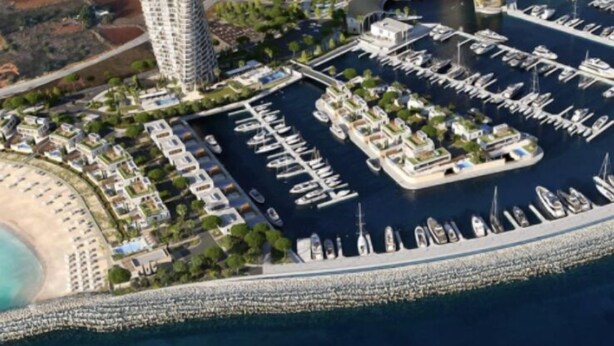 An aerial view of a coastal marina with multiple high-rise buildings, a marina with numerous boats, and a beach area. - Villa 400 Meters Walk To The Beach, Sleep 6, 3 Bedrooms, 5 beds (sotira)