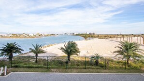 Vista a la playa con cielo despejado, palmeras y un skyline distante.