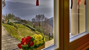 Ein Fenster mit Blick auf eine gebirgige Landschaft, ein Blumenkorb und eine Tür mit Griff.