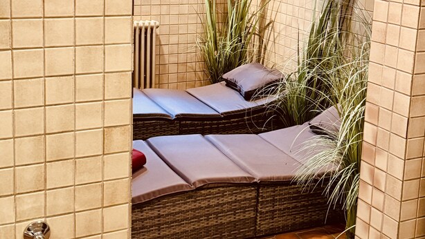 A spa room with a tiled wall, a radiator, and a seating area with cushions and tall plants. - Adler Stube (Münstertal)