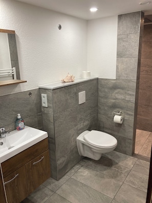 Shower, towels, soap, toilet paper
