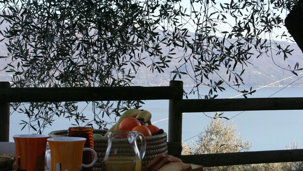 Une table avec une carafe, des tasses et un panier de fruits.