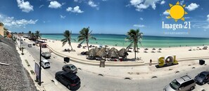 On the beach, white sand, beach umbrellas