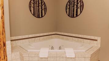 Shower, jetted tub, hair dryer, towels